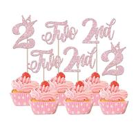 SYKYCTCY 24 Pack Two Birthday Cupcake Toppers Glitter Happy 2nd Birthday Cupcake Picks Crown Happy Birthday Cake Decorations for Second Baby Shower Anniversary Party Supplies Pink