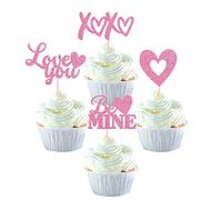 SYKYCTCY 24 Pack Valentine's Day Cupcake Toppers Glitter Love Heart XOXO Love You Cupcake Picks Be Mine Cake Decorations for Valentine's Day Theme Wedding Bridal Shower Birthday Party Supplies Pink
