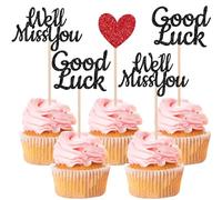 SYKYCTCY 24 Pack We Will Miss You Cupcake Toppers Glitter Red Love Heart Good Luck Cupcake Picks Retirement Theme Going Away Party Cake Decorations Black