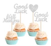 SYKYCTCY 24 Pack We Will Miss You Cupcake Toppers Glitter Red Love Heart Good Luck Cupcake Picks Retirement Theme Going Away Party Cake Decorations Silver