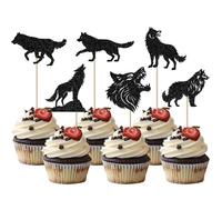 SYKYCTCY 24 Pack Wolf Cupcake Toppers Glitter werewolf Cupcake Picks Decoration for Jungle Animal Wild Wolf Theme Baby Shower Boys Girls Kids Birthday Party Cake Decorations Supplies Black