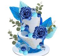 SYKYCTCY 25 Pack Artificial Rose Flower Cake Toppers Paper Palm Leaves Fan Ball Cake Picks Cake Decorations Sets for Baby Shower Kids Boys Girls DIY Birthday Wedding Party