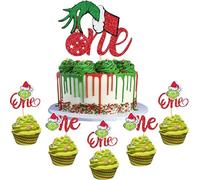 SYKYCTCY 25 Pack Christmas One Cake Topper Glitter Grinch Christmas Hand First Birthday Cake Topper Picks Decorations for Grinchmas Theme Baby Shower 1st Birthday Party Decorations Supplies