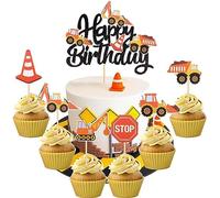 SYKYCTCY 25 Pack Construction Happy Birthday Cake Topper Glitter Truck Excavator Tractor Cake Pick for Construction Theme Baby Shower Kids Boys Girls Party Cake Decorations Supplies