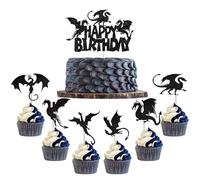 SYKYCTCY 25 Pack Dragon Cupcake Toppers Glitter Fantasy Birthday Cupcake Picks for Medieval Dragon Theme Baby Shower Kids Birthday Party Cake Decorations Supplies Black