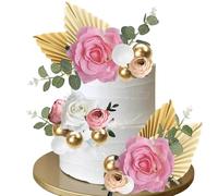 SYKYCTCY 25 Pack Flower Cake Decorations Ball Cake Toppers Artificial White Pink Rose Flowers Paper Palm Fan Cake Picks for Baby Shower DIY Wedding Birthday Party Supplies