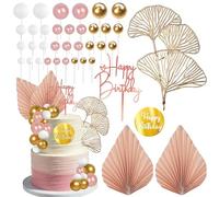 SYKYCTCY 25 Pack Happy Birthday Balls Cake Decorations Natural Boho Ball Cake Toppers Palm Fan Cake Picks for Balls Themed Baby Shower Kids Boys Girls Birthday Theme Party Supplie