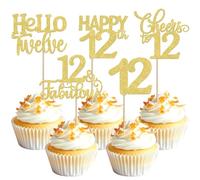 SYKYCTCY 30 Pack 12th Birthday Cupcake Toppers Glitter 12 Fabulous Cheers to 12 Cupcake Picks Happy 12th Birthday Cupcake Decorations for Twelve Birthday Anniversary Party Supplies Gold