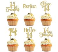 SYKYCTCY 30 Pack 14th Birthday Cupcake Toppers Glitter Fourteen Fabulous 14 Cheers to 14 Cupcake Picks Hello 14 Birthday Cupcake Decorations for Happy 14th Birthday Anniversary Party Supplies Gold