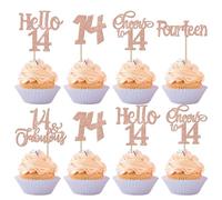 SYKYCTCY 30 Pack 14th Birthday Cupcake Toppers Glitter Fourteen Fabulous 14 Cheers to 14 Cupcake Picks Hello 14 Birthday Happy 14th Birthday Cupcake Decorations Anniversary Party Supplies Rose Gold