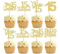 SYKYCTCY 30 Pack 15th Birthday Cupcake Toppers Glitter Fifteen Cheers to 15 Fabulous Cupcake Picks Happy 15th Birthday Cupcake Decorations for Happy Birthday Anniversary Party Supplies Gold