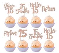SYKYCTCY 30 Pack 15th Birthday Cupcake Toppers Glitter Fifteen Fabulous 15 Cheers to 15 Cupcake Picks Hello 15 Birthday Happy 15th Birthday Cupcake Decorations Anniversary Party Supplies Rose Gold