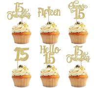 SYKYCTCY 30 Pack 15th Birthday Cupcake Toppers Glitter Fifteen Fabulous 15 Cheers to 15 Cupcake Picks Hello 15 Birthday Cupcake Decorations for Happy 15th Birthday Anniversary Party Supplies Gold