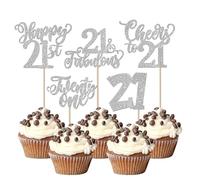 SYKYCTCY 30 Pack 21st Birthday Cupcake Toppers Glitter Twenty-one Cheers to 21 Fabulous Cupcake Picks Happy 21st Birthday Cupcake Decorations Anniversary Party Supplies Silver