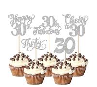 SYKYCTCY 30 Pack 30th Birthday Cupcake Toppers Glitter Thirty Fabulous 30 Cheers to 30 Cupcake Picks Happy 30th Birthday Cupcake Decorations Anniversary Party Supplies Silver