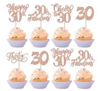 SYKYCTCY 30 Pack 30th Birthday Cupcake Toppers Glitter Thirty Fabulous 30 Cheers to 30 Cupcake Picks Happy 30th Birthday Cupcake Decorations Anniversary Party Supplies Rose Gold