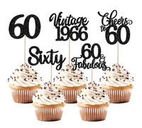 SYKYCTCY 30 Pack 60th Birthday Cupcake Toppers Glitter Sixty Vintage 1966 Hello 60 Cupcake Picks Cheers to 60 Fabulous Cake Decorations for 60th Birthday Wedding Anniversary Party Supplies Black