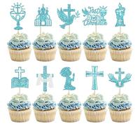 SYKYCTCY 30 Pack Boy God Bless Cupcake Toppers Glitter Dove Chalice Bible Cross Cupcake Picks First Communion Christian Baptism Theme Baby Shower Boys Birthday Party Cake Decorations Supplies Blue