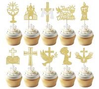 SYKYCTCY 30 Pack Boy God Bless Cupcake Toppers Glitter Dove Chalice Bible Cross Cupcake Picks First Communion Christian Baptism Theme Baby Shower Boys Birthday Party Cake Decorations Supplies Gold