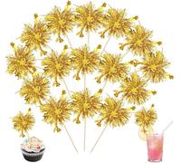 SYKYCTCY 30 Pack Foil Firework Cupcake Toppers Happy Birthday Cake Toppers Star Sparkle Tinsel Flower Drink Stirrers Cocktail Fruit Toothpicks for Birthday Wedding Graduation Party Supplies