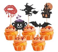 SYKYCTCY 30 Pack Halloween Cupcake Toppers Glitter Bat Ghost Witch Cupcake Picks Haunted House Cake Decorations for Happy Halloween Theme Baby Shower Birthday Party Supplies