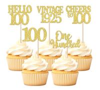 SYKYCTCY 30 Pack Happy 100th Birthday Cupcake Toppers Glitter Hello 100 One Hundred 100 Fabulous Vintage 1925 Cupcake Picks for 100th Birthday Anniversary Retirement Party Cake Decorations Supplies