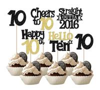 SYKYCTCY 30 Pack Happy 10th Birthday Cupcake Toppers Glitter Black Gold Ten Straight Outta 2016 Cupcake Picks Cheers to 10 Years Cake Decorations for Baby Shower Kids 10th Birthday Party Supplies