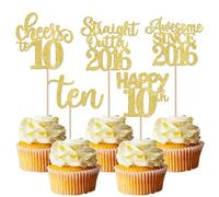 SYKYCTCY 30 Pack Happy 10th Birthday Cupcake Toppers Straight Outta 2016 Ten Awesome Since 2016 Cupcake Picks 10 Fabulous Cake Decorations for 10th Birthday Wedding Anniversary Party Gold