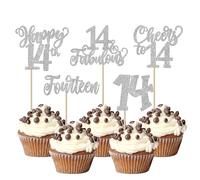 SYKYCTCY 30 Pack Happy 14th Birthday Cupcake Toppers Glitter 14 Fabulous Cheers to 14 Cupcake Picks Happy 14th Birthday Cupcake Decorations for Fourteen Birthday Anniversary Party Supplies Silver