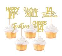 SYKYCTCY 30 Pack Happy 14th Birthday Cupcake Toppers Glitter Fourteen Vintage 2011 Cupcake Picks Cheers to 14 Fabulous Cake Decorations for 14th Birthday Wedding Anniversary Party Supplies Gold