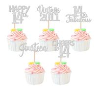 SYKYCTCY 30 Pack Happy 14th Birthday Cupcake Toppers Glitter Fourteen Vintage 2011 Cupcake Picks Cheers to 14 Fabulous Cake Decorations for 14th Birthday Wedding Anniversary Party Supplies Silver