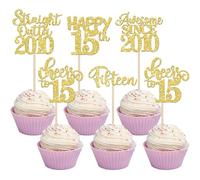 SYKYCTCY 30 Pack Happy 15th Birthday Cupcake Toppers Glitter Straight Outta 2010 Fifteen Awesome Since 2010 Cupcake Picks 15 Fabulous Cake Decorations for 15th Birthday Wedding Party Gold