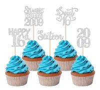 SYKYCTCY 30 Pack Happy 16th Birthday Cupcake Toppers Glitter Sixteen Straight Outta 2009 Cupcake Picks for Cheers to 16 Birthday Wedding Anniversary Party Cake Decorations Supplies
