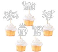 SYKYCTCY 30 Pack Happy 16th Birthday Cupcake Toppers Glitter Sixteen Vintage 2009 Cupcake Picks Cheers to 16 Fabulous Cake Decorations for 16th Birthday Wedding Anniversary Party Supplies