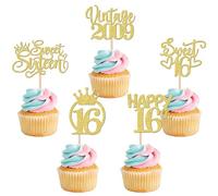 SYKYCTCY 30 Pack Happy 16th Birthday Cupcake Toppers Glitter Sixteen Vintage 2009 Cupcake Picks Cheers to 16 Fabulous Cake Decorations for 16th Birthday Wedding Anniversary Party Supplies