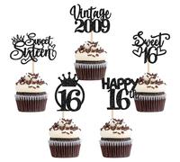 SYKYCTCY 30 Pack Happy 16th Birthday Cupcake Toppers Glitter Sixteen Vintage 2009 Cupcake Picks Cheers to 16 Fabulous Cake Decorations for 16th Birthday Wedding Anniversary Party Supplies Black