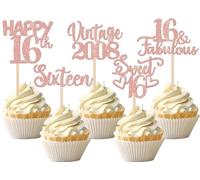 SYKYCTCY 30 Pack Happy 16th Birthday Cupcake Toppers Glitter Sixteen Vintage 2009 Cupcake Picks Cheers to 16 Fabulous Cake Decorations for 16th Birthday Wedding Anniversary Party Supplies