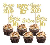 SYKYCTCY 30 Pack Happy 16th Birthday Cupcake Toppers Glitter Straight Outta 2009 Sixteen Awesome Since 2009 Cupcake Picks 16 Fabulous Cake Decorations for 16th Birthday Wedding Party Gold