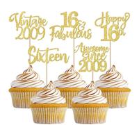 SYKYCTCY 30 Pack Happy 16th Cupcake Toppers Glitter Vintage 2009 Sixteen Awesome Since 2009 Cupcake Picks 16 Fabulous Cake Decorations for 16th Birthday Wedding Anniversary Party Supplies Gold