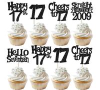 SYKYCTCY 30 Pack Happy 17th Birthday Cupcake Toppers Glitter Black Seventeen Cupcake Picks Cheers to 17 Years Cake Decorations for Baby Shower 17th Birthday Party Supplies