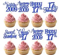 SYKYCTCY 30 Pack Happy 17th Birthday Cupcake Toppers Vintage 2009 Sweet Seventeen 17 Fabulous Cupcake Picks Cherrs to 17 Years Cake Decorations for 17th Birthday Anniversary Party Supplies Blue