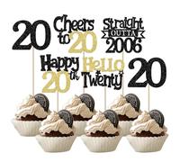 SYKYCTCY 30 Pack Happy 20th Birthday Cupcake Toppers Glitter Black Gold Twenty Straight Outta 2006 Cupcake Picks Cheers to 20 Years Cake Decorations for Happy 20 Birthday Anniversary Party Supplies