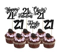 SYKYCTCY 30 Pack Happy 21st Birthday Cupcake Toppers Glitter Twenty-One Cheers to 21 Fabulous Cupcake Picks Decorations for Anniversary Party Supplies Black