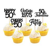 SYKYCTCY 30 Pack Happy 50th Birthday Cupcake Toppers Glitter Fifty Vintage 1975 Cupcake Picks Cheers to 50 Fabulous Cake Decorations for 50th Birthday Wedding Anniversary Party Supplies Black