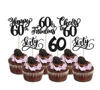 SYKYCTCY 30 Pack Happy 60th Birthday Cupcake Toppers Glitter Sixty Fabulous 60 Cheers to 60 Cupcake Picks Happy 60th Birthday Cupcake Decorations for Birthday Anniversary Party Supplies Black
