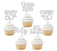 SYKYCTCY 30 Pack Happy 60th Birthday Cupcake Toppers Glitter Sixty Vintage 1965 Cupcake Picks Cheers to 60 Fabulous Cake Decorations for 60th Birthday Wedding Anniversary Party Supplies Silver