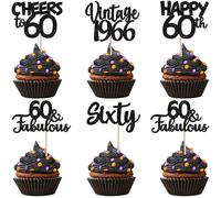 SYKYCTCY 30 Pack Happy 60th Birthday Cupcake Toppers Glitter Sixty Vintage 1966 Cupcake Picks Cheers to 60 Fabulous Cake Decorations for 60th Birthday Wedding Anniversary Party Supplies Black