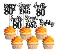 SYKYCTCY 30 Pack Happy 80th Birthday Cupcake Toppers Straight Outta 1946 Eighty Awesome Since 1946 Cupcake Picks 80 Fabulous Cake Decorations for 80th Birthday Wedding Anniversary Party Black