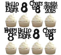 SYKYCTCY 30 Pack Happy 8th Birthday Cupcake Toppers Glitter Black Hello Eight Years Old Cupcake Picks Cheers to 8 Years Cake Decorations for Baby Shower Kids 8th Birthday Party Supplies