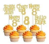 SYKYCTCY 30 Pack Happy 8th Birthday Cupcake Toppers Glitter Eight Straight Outta 2018 Cupcake Picks Cheers to 8 Years Cake Decorations for Baby Shower Boys Girls 8th Birthday Party Supplies Gold